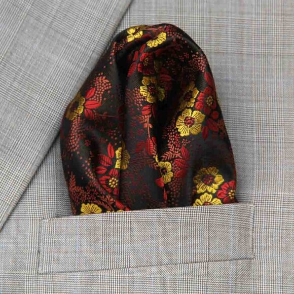 Gascoigne Pocket Square Silk Brown Gold Red Floral Men's - Picture 1 of 2